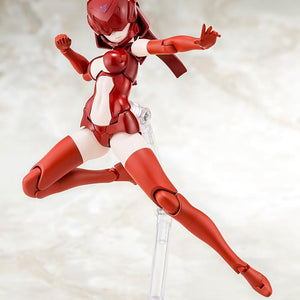 Floating display pose of the helmeted red concept color body using the included clear model kit stand with one hand raised.
