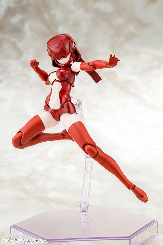 Floating display pose of the helmeted red concept color body using the included clear model kit stand with one hand raised.
