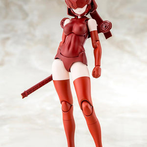 Articulated bishoujo model kit body featuring the full red helmet visor faceplate configuration, holding a small accessory part.