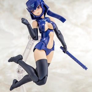 Leaping action pose of the Megami Device B1R-L Chassis figure displaying enhanced joint mobility and standard eye-printed faceplate.
