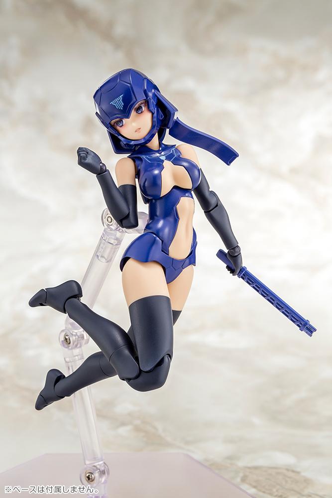 Leaping action pose of the Megami Device B1R-L Chassis figure displaying enhanced joint mobility and standard eye-printed faceplate.