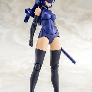 Articulated bishoujo model kit body featuring the full dark blue helmet visor faceplate configuration, holding a small accessory part.