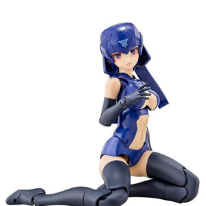 Sitting pose of the Megami Device B1R-L Chassis Kit Skin Color D base body in its concept dark blue color layout, isolated white background.