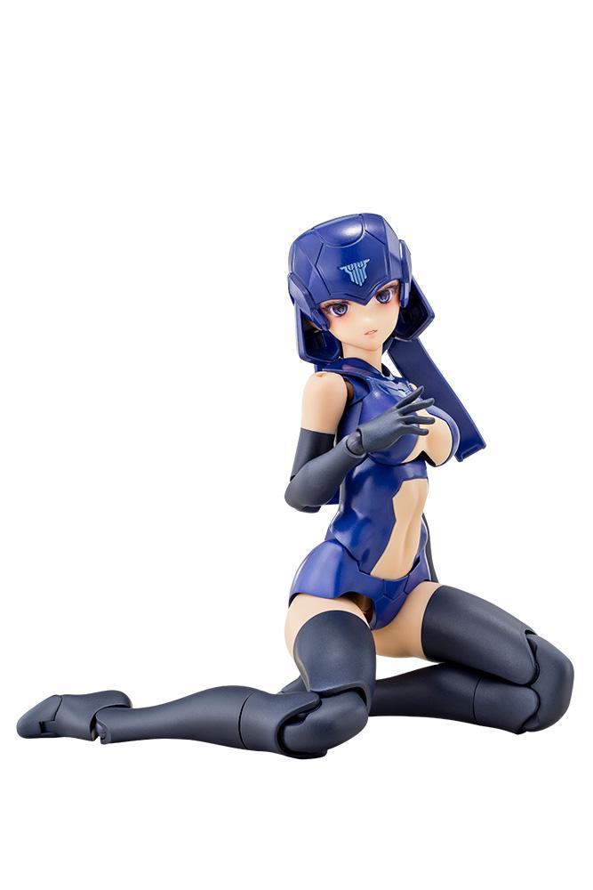 Sitting pose of the Megami Device B1R-L Chassis Kit Skin Color D base body in its concept dark blue color layout, isolated white background.