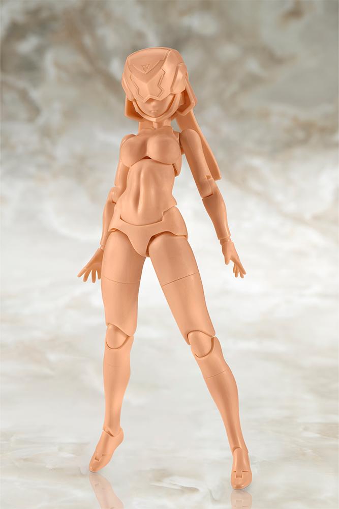 Full-body skin color E configuration of the Megami Device B1R-L Chassis Kit unpainted base model standing on marble background.