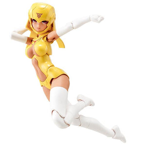 Dynamic flying action pose of the Kotobukiya Megami Device B1R-L Chassis Kit Skin Color E model kit in yellow concept armor on a white background.