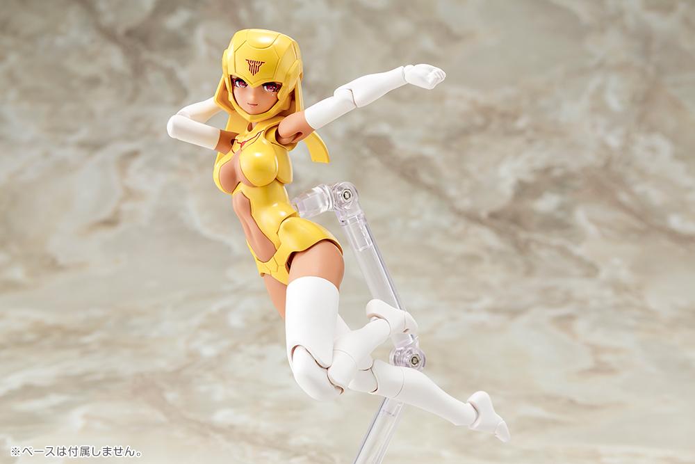 Kotobukiya Megami Device B1R-L Chassis Kit Skin Color E model figure posed in mid-air on a transparent display stand.
