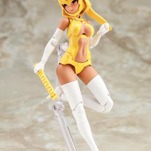 Megami Device B1R-L Chassis Kit model kit mounted on a clear stand while holding an eye adjustment tool accessory.