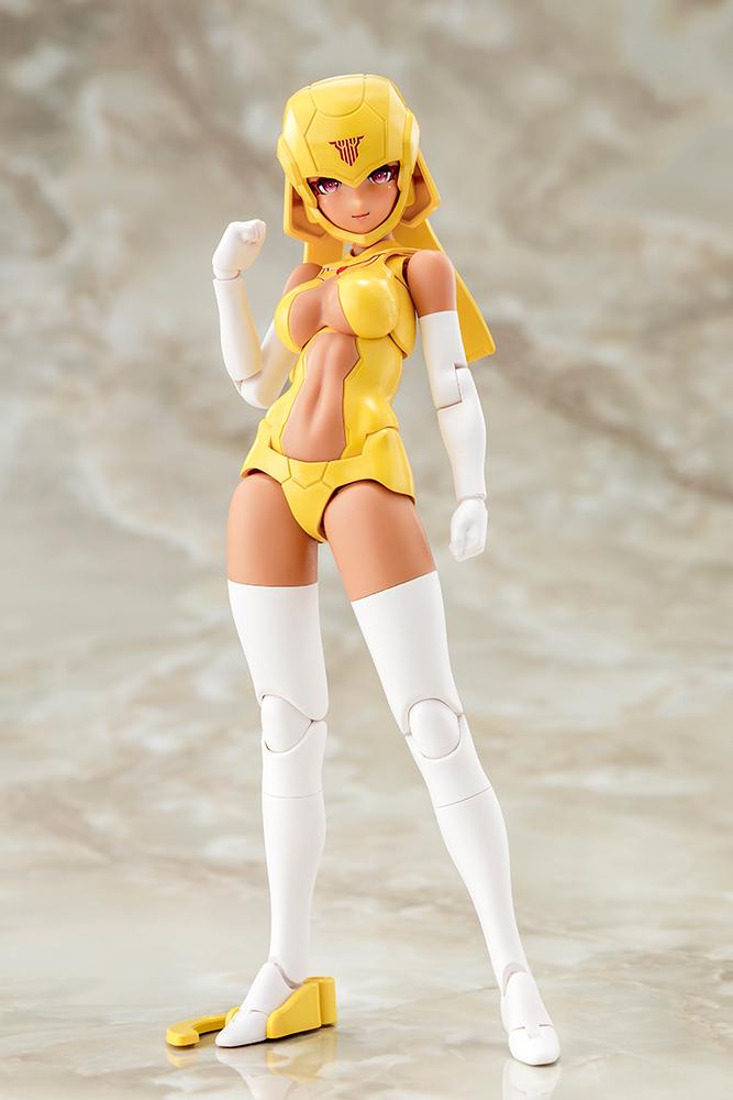 Full-body front view of the Megami Device B1R-L Chassis Kit Skin Color E model kit in concept suit against a marble studio background.