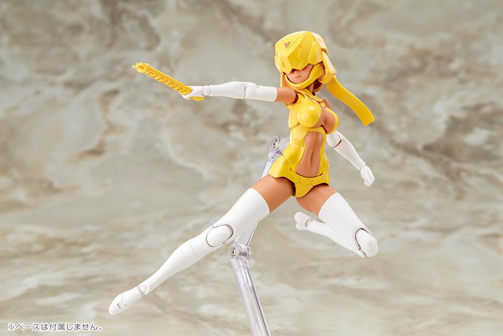 Aerial action pose of the Megami Device B1R-L Chassis Kit with helmet visor lowered over the eyes.