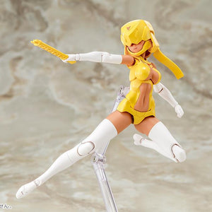 Aerial action pose of the Megami Device B1R-L Chassis Kit with helmet visor lowered over the eyes.