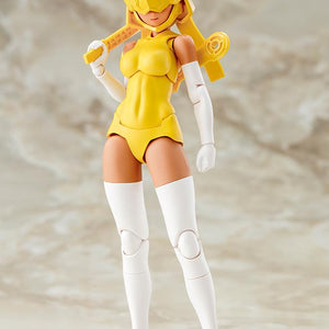 Front view of the Megami Device B1R-L Chassis Kit model kit with helmet visor down, holding yellow runner accessory over shoulder.