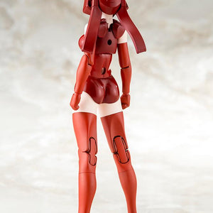 Rear view of the Megami Device B1R-L Chassis Kit body showing red mechanical joint engineering and back articulation assembly points.