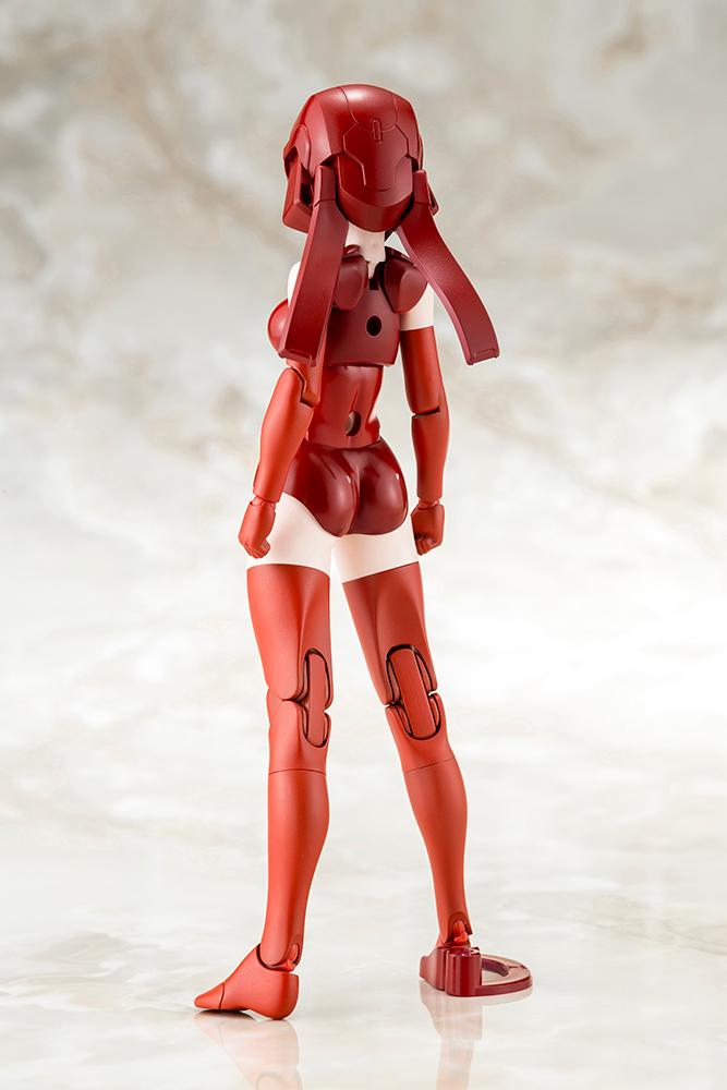 Rear view of the Megami Device B1R-L Chassis Kit body showing red mechanical joint engineering and back articulation assembly points.