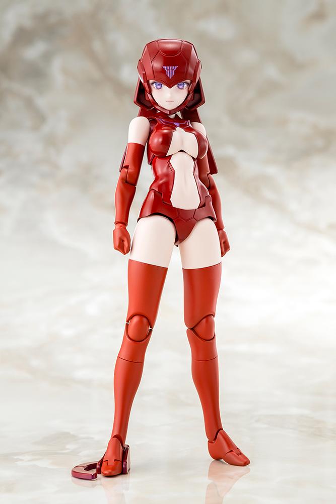 Front view product studio shot of the highly articulated Megami Device B1R-L Chassis concept red color base body model kit.