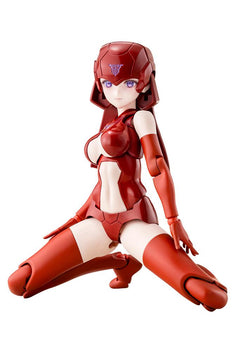 Sitting pose of the Megami Device B1R-L Chassis Kit Skin Color C base body in its concept red color layout, isolated white background.