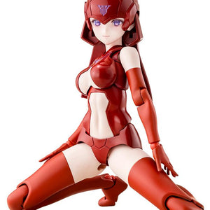 Sitting pose of the Megami Device B1R-L Chassis Kit Skin Color C base body in its concept red color layout, isolated white background.