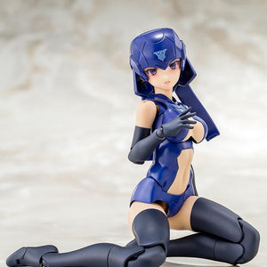 Kneeling pose of the Megami Device B1R-L Chassis Kit base model displaying high joint articulation on a mottled studio background.