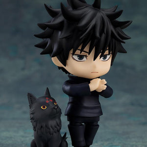 Megumi Fushiguro Nendoroid figure making a shadow puppet hand gesture alongside his black Divine Dog accessory.