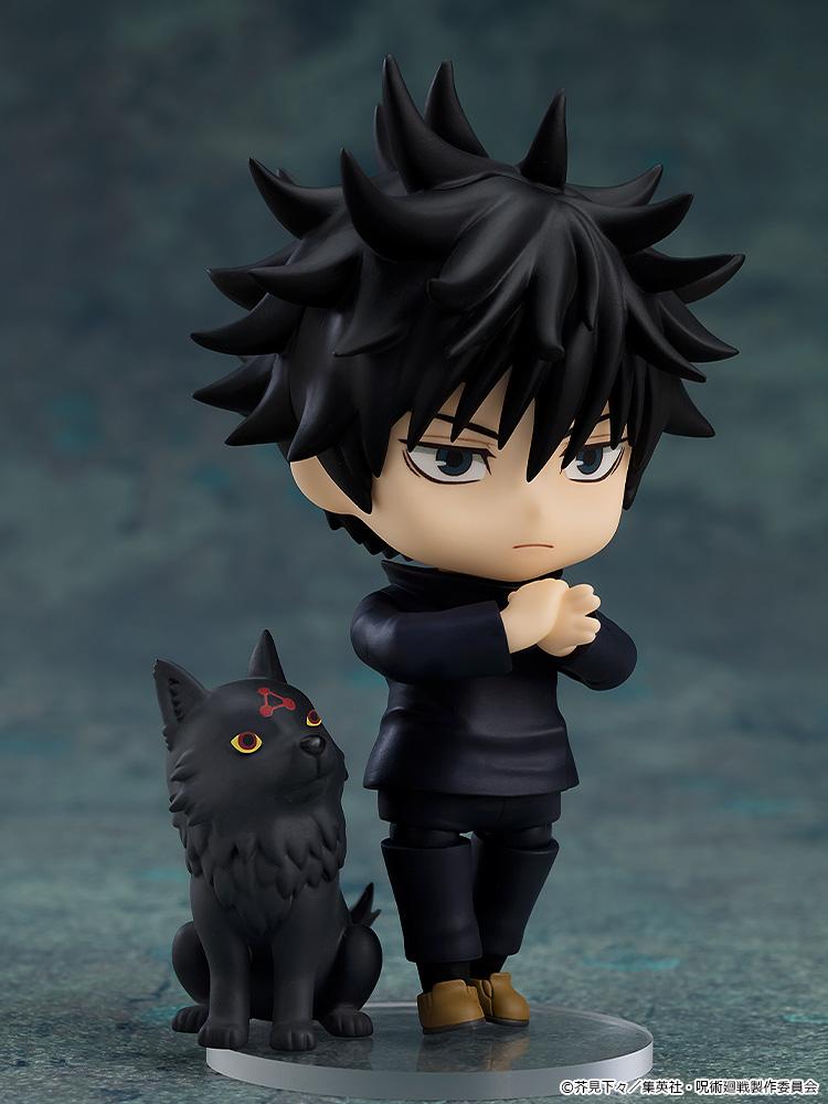 Megumi Fushiguro Nendoroid figure making a shadow puppet hand gesture alongside his black Divine Dog accessory.