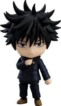 Front view of Megumi Fushiguro Nendoroid figure from Jujutsu Kaisen with spiky black hair and high-collar uniform.