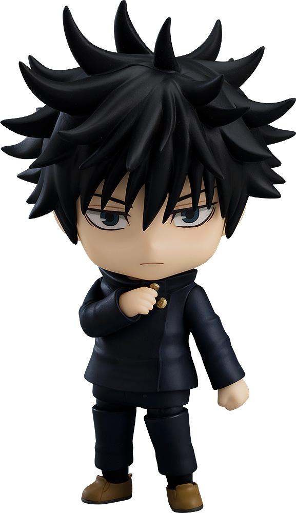 Front view of Megumi Fushiguro Nendoroid figure from Jujutsu Kaisen with spiky black hair and high-collar uniform.