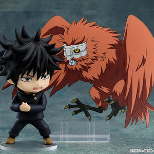 Action pose of Megumi Fushiguro Nendoroid displayed with the large orange Nue illustration sheet.