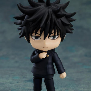 Megumi Fushiguro Nendoroid standing on a clear display base with his standard neutral expression.