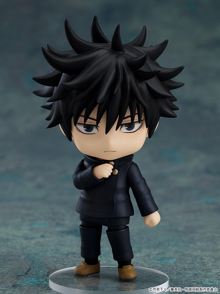 Megumi Fushiguro Nendoroid standing on a clear display base with his standard neutral expression.