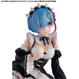 Close-up side profile of Rem's face, highlighting the detailed sculpting of the maid headpiece and ruffles.