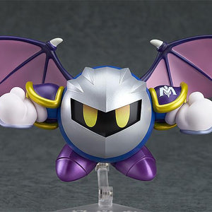 Symmetric front view of the Meta Knight Nendoroid in flight, highlighting the detailed mask, glowing yellow eyes, and expanded wingspan.