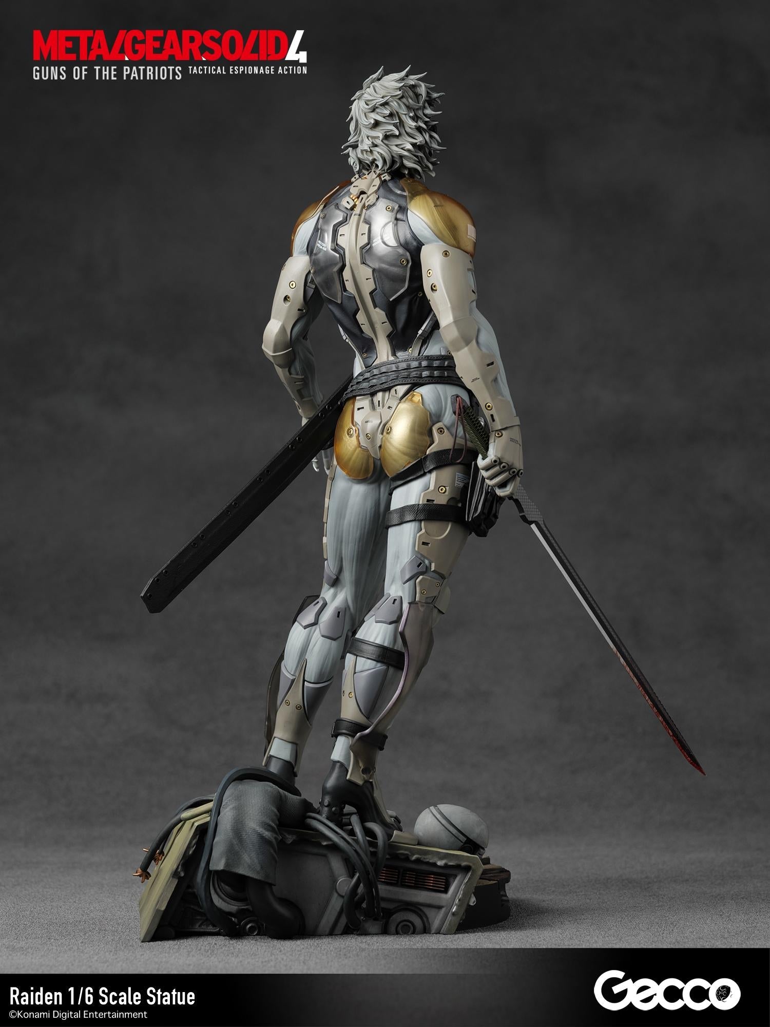 Full back view of the Raiden 1/6 scale statue emphasizing the gold armor accents.
