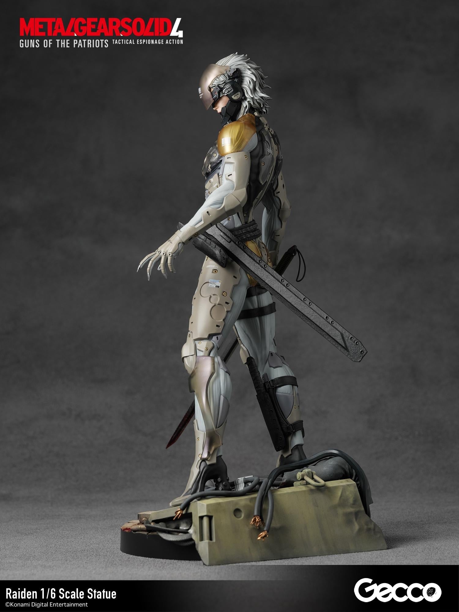 Side profile of Raiden 1/6 scale statue highlighting the cyborg exoskeleton and tactical knife sheath.