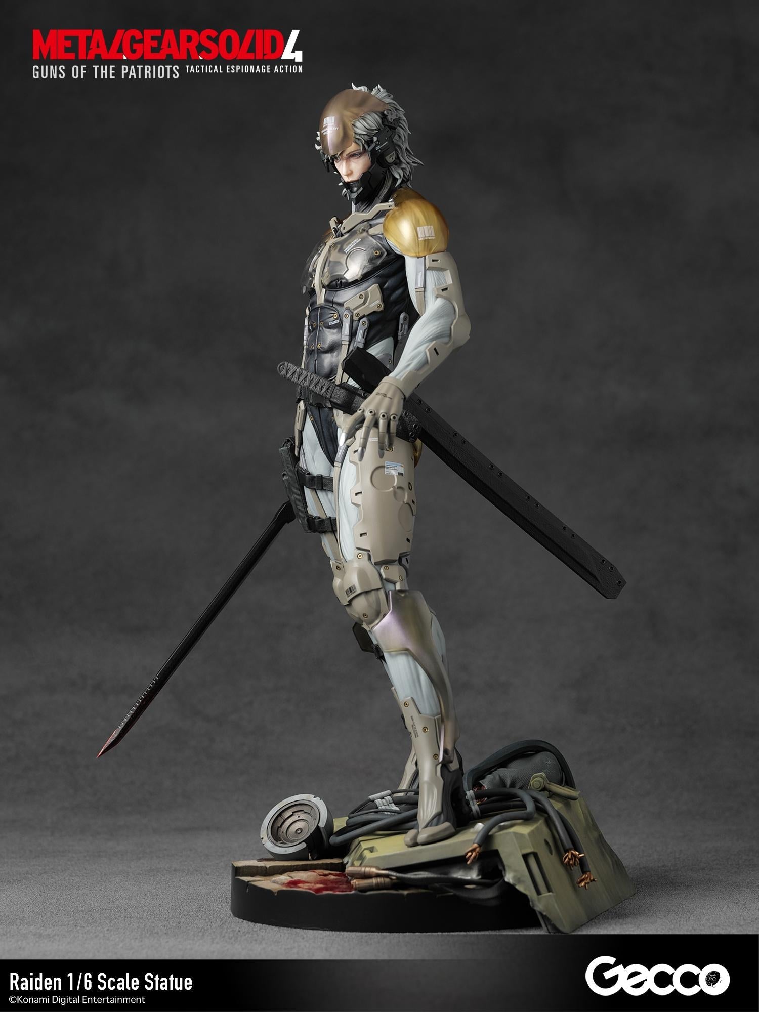 Side view of Raiden statue showing high-frequency blade and mechanical exoskeleton detail.