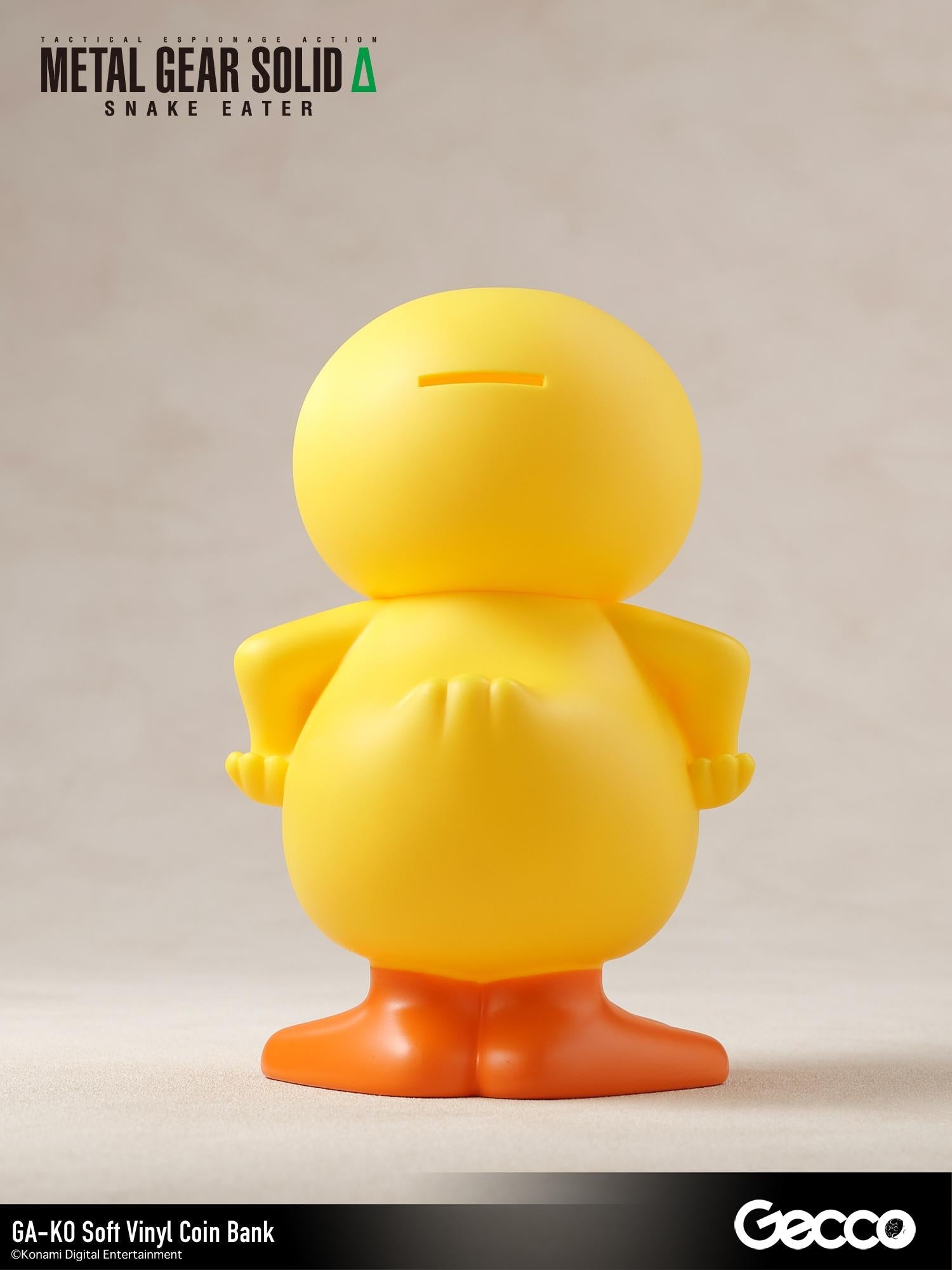 Direct rear view of the GA-KO vinyl duck coin bank highlighting the top coin slot.