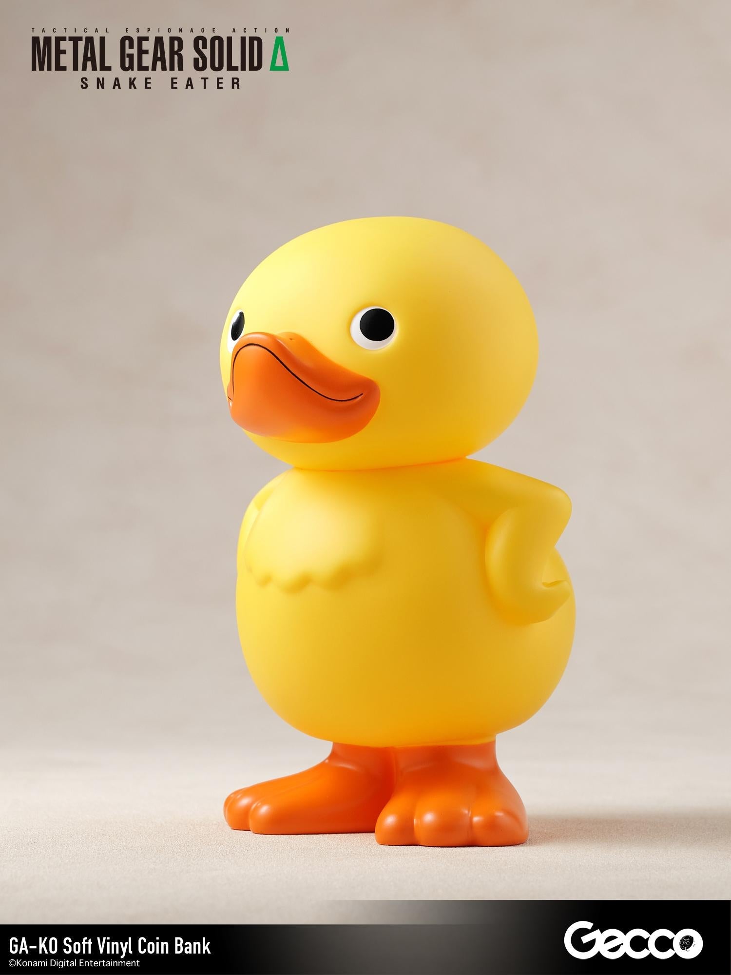 Three-quarter front-left view of the GA-KO soft vinyl duck coin bank from Metal Gear Solid Delta Snake Eater.