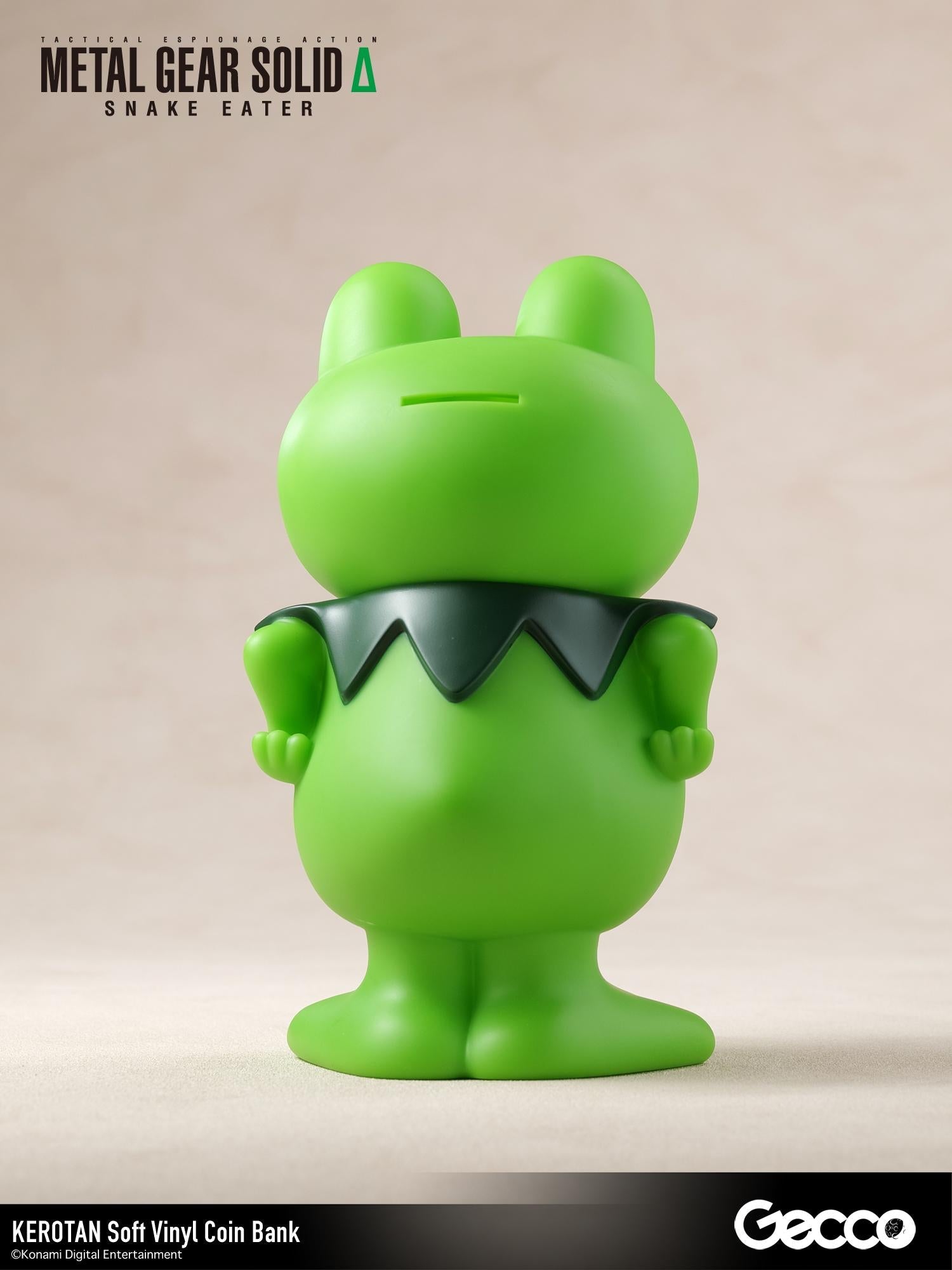 Direct back view of the Kerotan vinyl frog coin bank highlighting the functional top coin slot.