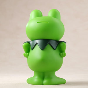 Direct back view of the Kerotan vinyl frog coin bank highlighting the functional top coin slot.
