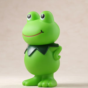 Three-quarter front-right view of the green Kerotan soft vinyl coin bank from Metal Gear Solid Delta Snake Eater.