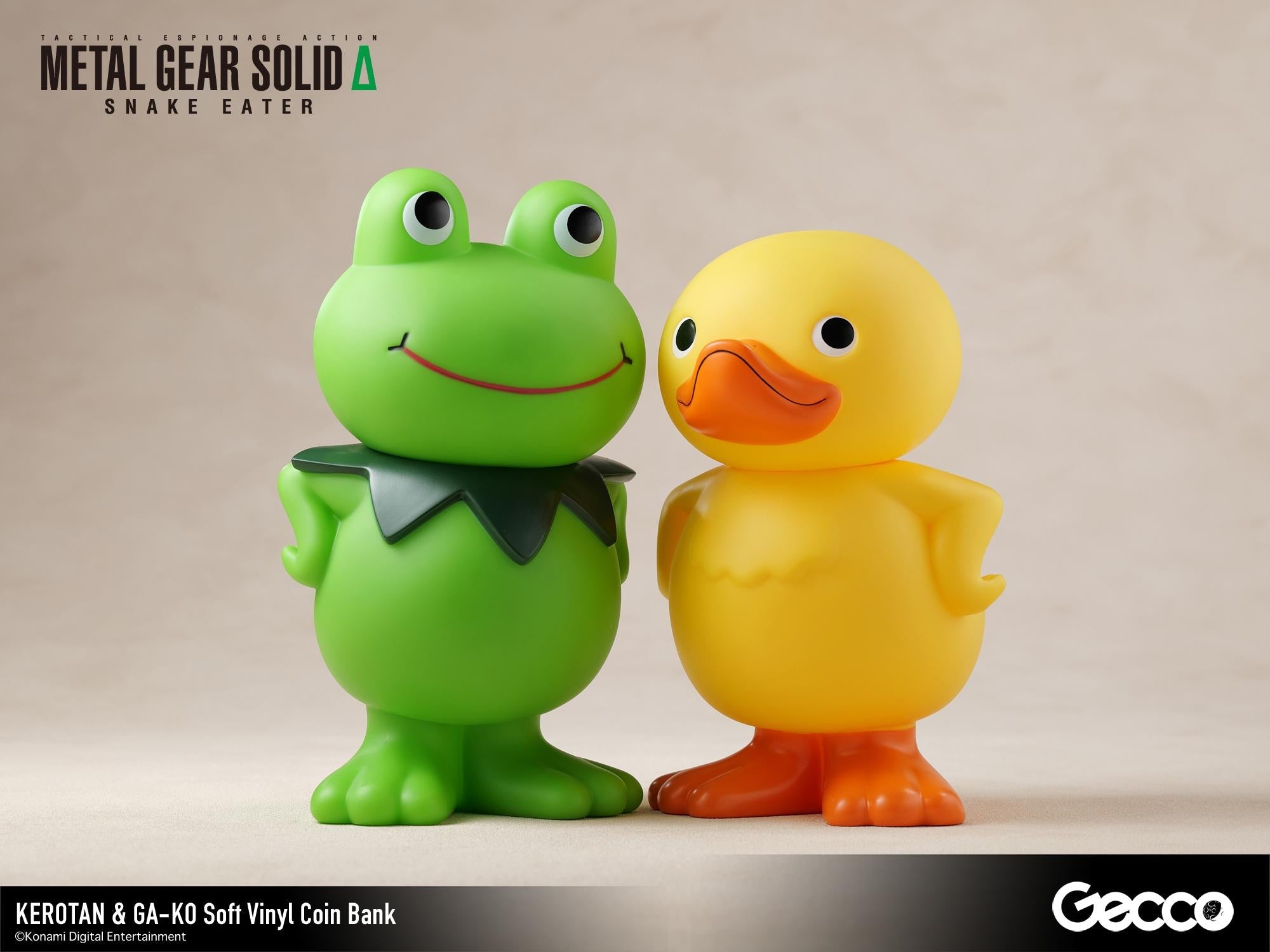Gecco Kerotan frog and GA-KO duck soft vinyl coin banks displayed together on studio backdrop.