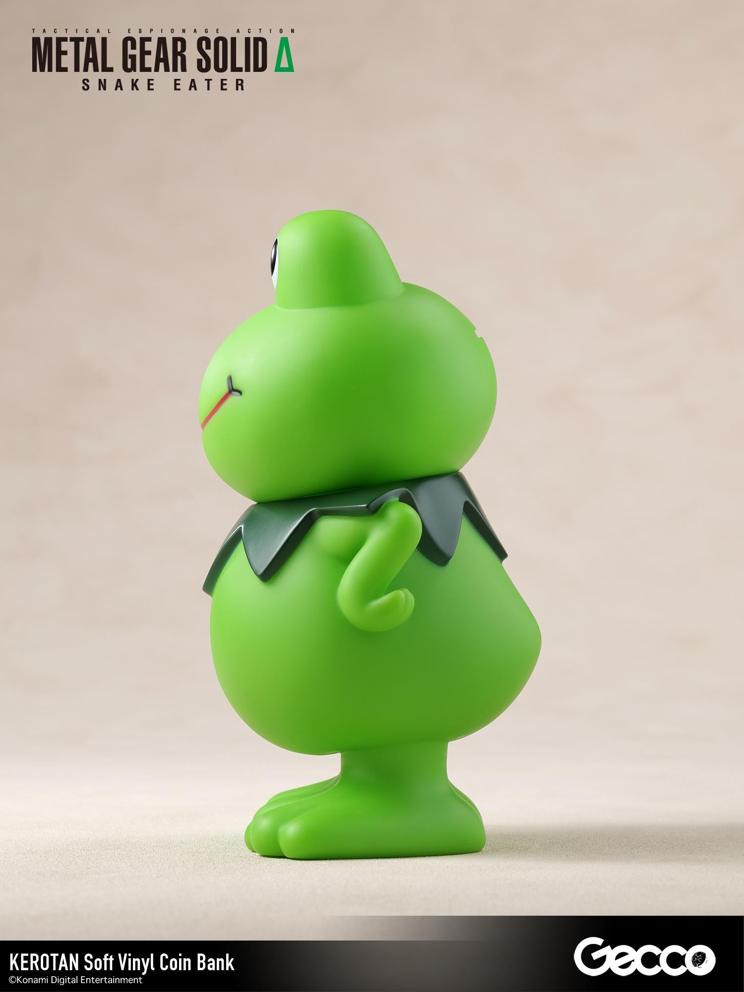 Left side profile view of the Kerotan soft vinyl frog coin bank by Gecco.