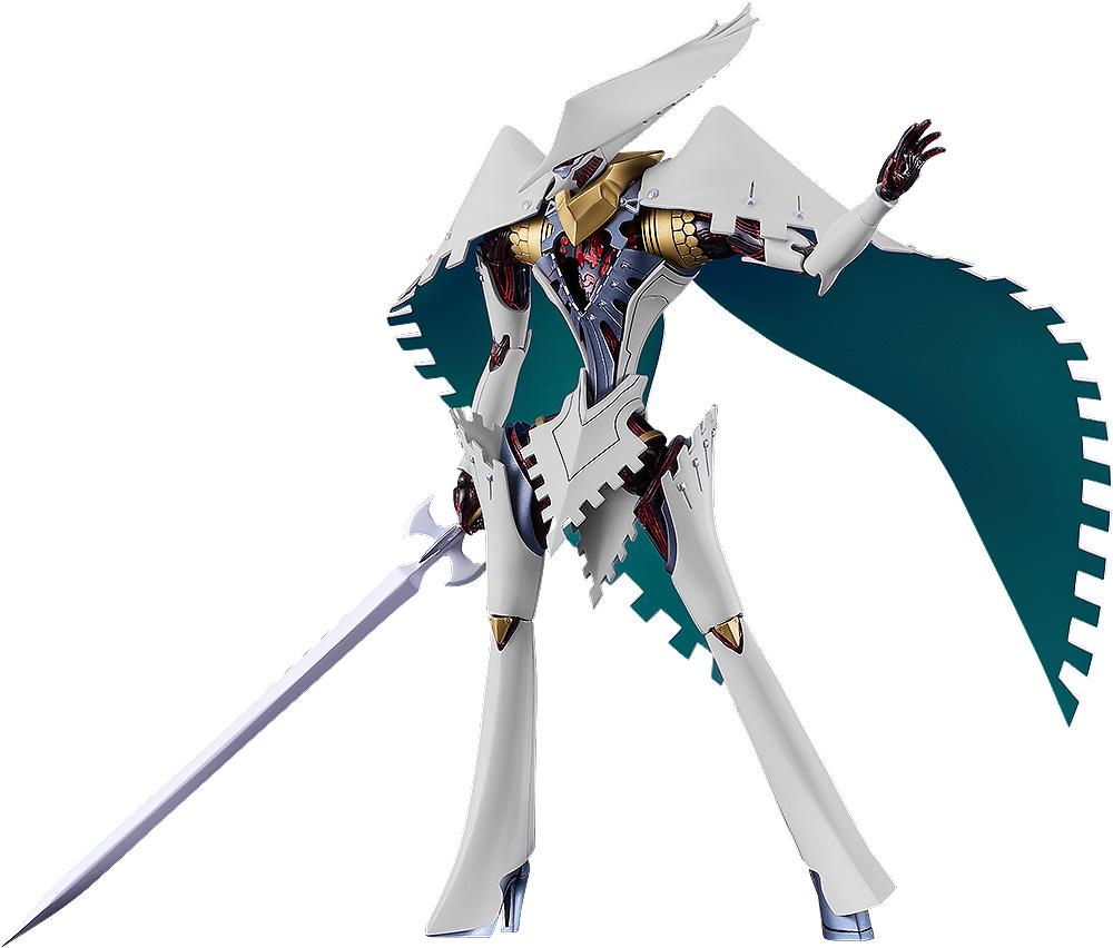 Front view of the Seeker model kit from Metaphor: ReFantazio, standing with a sword and teal cape.