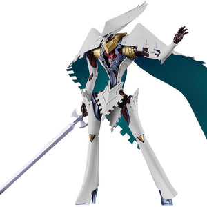 Front view of the Seeker model kit from Metaphor: ReFantazio, standing with a sword and teal cape.