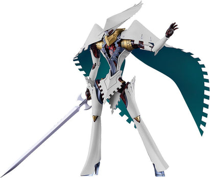 Front view of the Seeker model kit from Metaphor: ReFantazio, standing with a sword and teal cape.