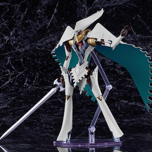 Action pose of the PLAMATEA Seeker model kit featuring its signature sword and resin cape.
