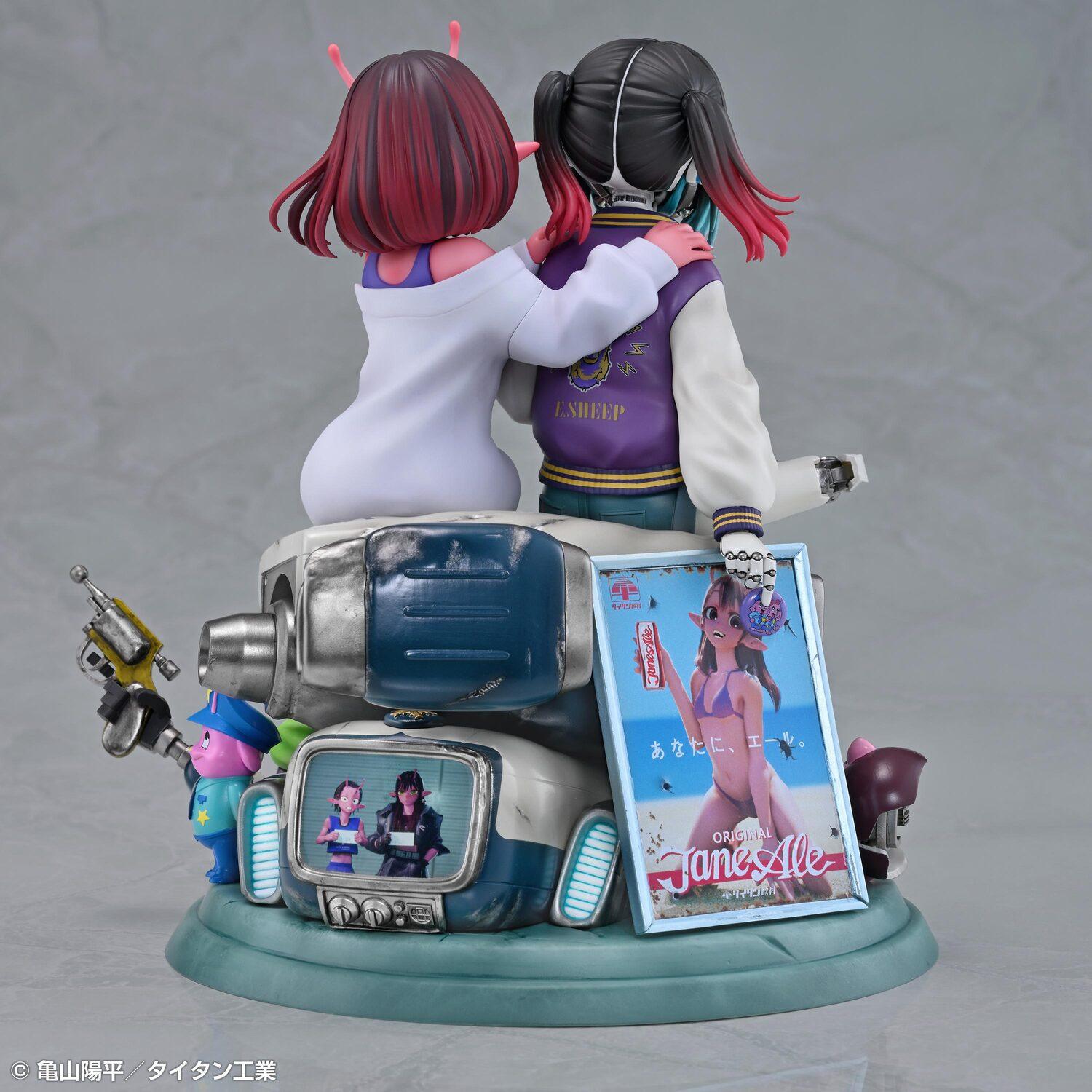 Rear view of Chiharu hugging Makina's purple letterman jacket, displaying the retro anime poster accessory attached to the base.