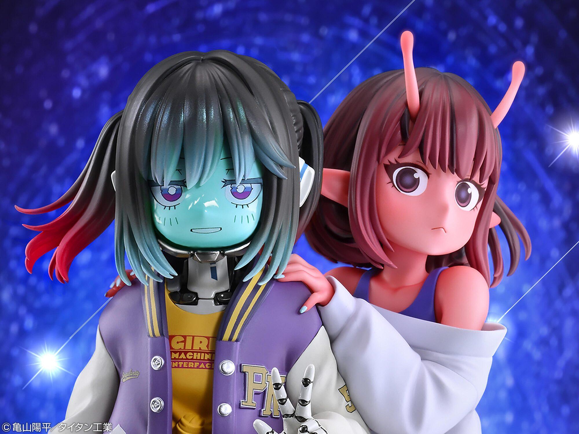 Close-up portrait shot of Chiharu and Makina's faces showing antennae, alien skin tones, and detailed eyes against a blue starry background.