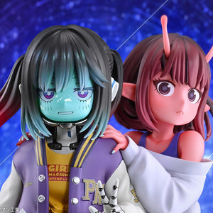 Close-up portrait shot of Chiharu and Makina's faces showing antennae, alien skin tones, and detailed eyes against a blue starry background.
