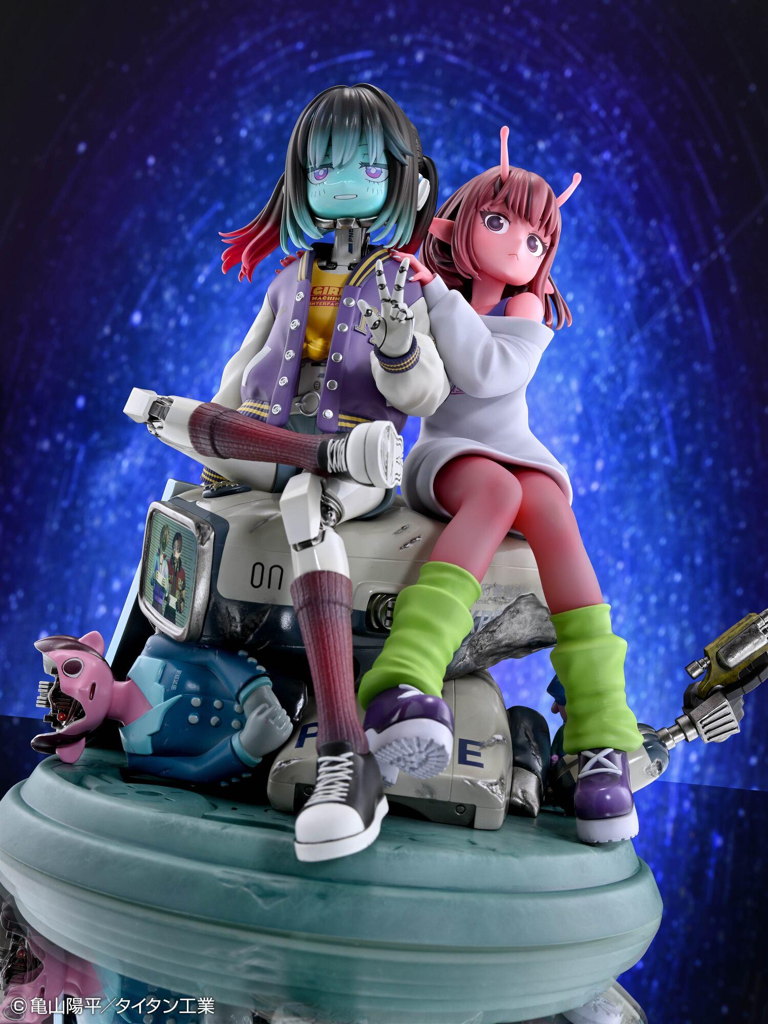 Low angle front shot of Chiharu and Makina sitting together with space background lighting.