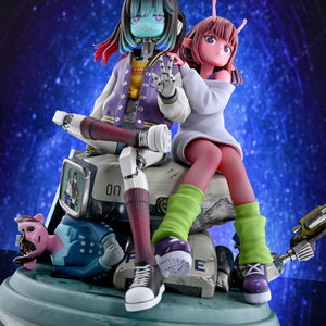 Low angle front shot of Chiharu and Makina sitting together with space background lighting.